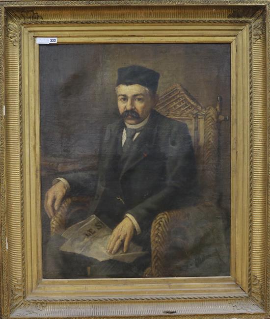 English School c.1900, oil on canvas, portrait of a gentleman seated in a rattan chair and holding a copy of 95 x 77cm